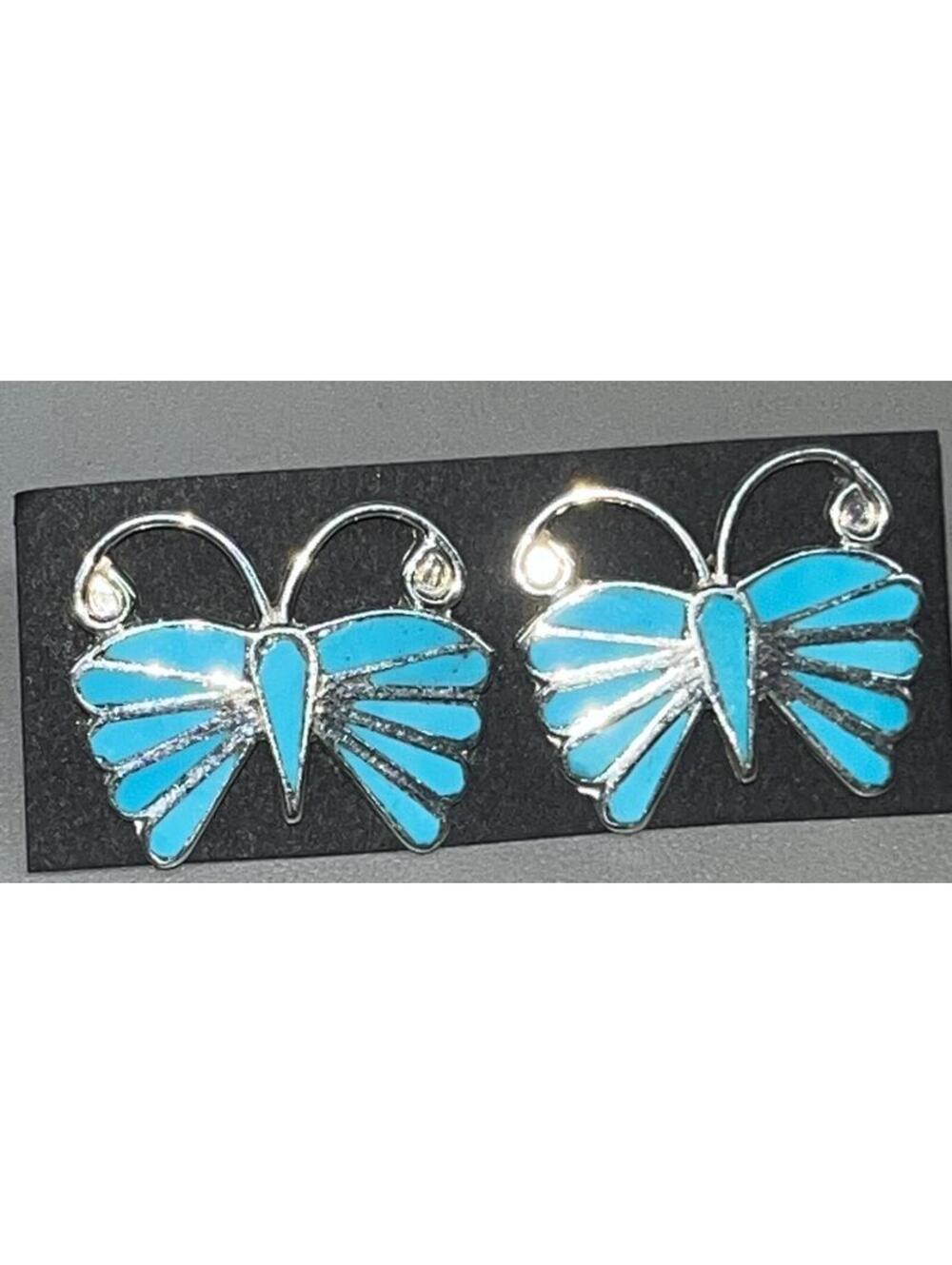Native American Zuni turquoise inlay cluster butterfly earrings sterling silver